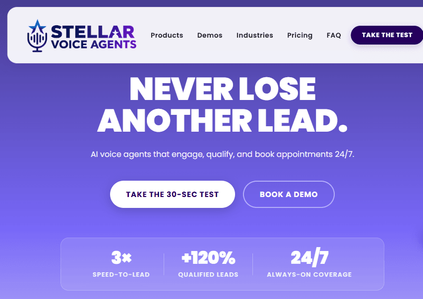 Stellar Voice Agents website hero: Never lose another lead